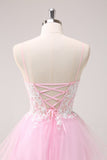 Pink A Line Spaghetti Straps Tulle Corset Cocktail Dress with Appliques