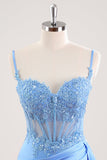 Blue Spaghetti Straps Corset Floral Tight Short Homecoming Dress