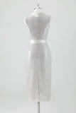 Champagne Sparkly V Neck Tea Length Holiday Party Dress with Bow