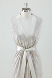 Champagne Sparkly V Neck Tea Length Holiday Party Dress with Bow