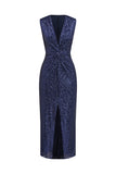 Navy V-neck Sheath Sequins Midi Cocktail Dress with Slit