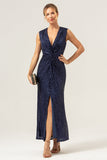 Sparkly Navy Sheath V-Neck Sequins Tea Length Formal Dress with Slit