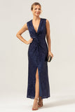 Sparkly Navy Sheath V-Neck Sequins Tea Length Formal Dress with Slit