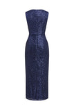 Navy V-neck Sheath Sequins Midi Cocktail Dress with Slit