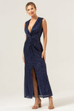 Sparkly Navy Sheath V-Neck Sequins Tea Length Formal Dress with Slit