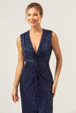 Sparkly Navy Sheath V-Neck Sequins Tea Length Formal Dress with Slit