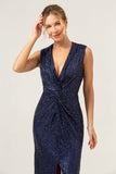 Sparkly Navy Sheath V-Neck Sequins Tea Length Formal Dress with Slit