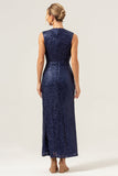 Sparkly Navy Sheath V-Neck Sequins Tea Length Formal Dress with Slit