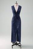 Sparkly Navy Sheath VNeck Sequins Ruched Long Choir Dress with Slit