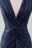Sparkly Navy Sheath VNeck Sequins Ruched Long Choir Dress with Slit