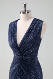 Sparkly Navy Sheath VNeck Sequins Ruched Long Choir Dress with Slit
