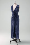 Sparkly Navy Sheath VNeck Sequins Ruched Long Choir Dress with Slit