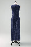 Sparkly Navy Sheath VNeck Sequins Ruched Long Choir Dress with Slit