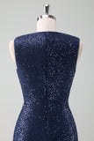 Sparkly Navy Sheath VNeck Sequins Ruched Long Choir Dress with Slit