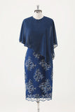 Navy Applique Sheath Tea Length Mother of the Bride Dress with Wrap