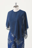 Navy Sheath Chiffon Round Neck Midi Choir Dress with Wrap