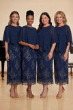 Navy Sheath Chiffon Round Neck Midi Choir Dress with Wrap