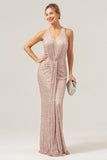 Sparkly Halter Blush Mermaid Backless Long Formal Dress