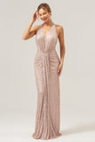 Glitter Blush Mermaid Halter Backless Long Formal Dress