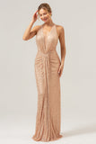 Glitter Blush Mermaid Halter Backless Long Formal Dress