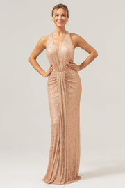 Glitter Blush Mermaid Halter Backless Long Formal Dress