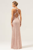 Sparkly Halter Blush Mermaid Backless Long Formal Dress