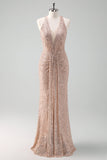 Sparkly Halter Blush Mermaid Backless Long Formal Dress