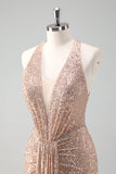 Sparkly Halter Blush Mermaid Backless Long Formal Dress