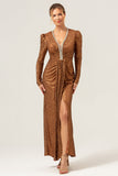 Sparkly Coffee Sheath V-Neck Sequins Long Formal Dress