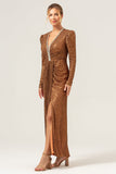 Sparkly Coffee Sheath V-Neck Sequins Long Formal Dress