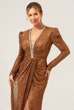 Sparkly Coffee Sheath V-Neck Sequins Long Formal Dress