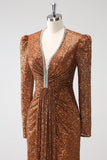 Sparkly Coffee V-Neck Sheath Sequins Long Formal Dress