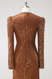 Sparkly Coffee V-Neck Sheath Sequins Long Formal Dress