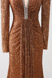 Sparkly Coffee V-Neck Sheath Sequins Long Formal Dress