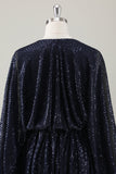 Sparkly Navy Short A-Line Holiday Party Dress with Long Sleeves