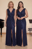 Sparkly Navy Sheath VNeck Sequins Ruched Long Choir Dress with Slit