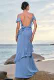 Blue Cold Shoulder Chiffon Bridesmaid Dress with Ruffles