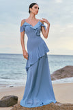 Blue Cold Shoulder Chiffon Bridesmaid Dress with Ruffles