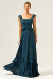 A-Line Dark Peacock Green Scoop Neck Chiffon Long Bridesmaid Dress