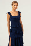 A-Line Square Neck Tiered Chiffon Long Dark Navy Bridesmaid Dress