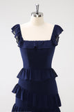 Dark Navy A-Line Tiered Chiffon Long Bridesmaid Dress