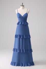 Dark Blue Spaghetti Straps Tiered A-Line Bridesmaid Dress