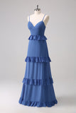 Dark Blue Spaghetti Straps Tiered A-Line Bridesmaid Dress