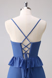 Dark Blue Spaghetti Straps Tiered A-Line Bridesmaid Dress