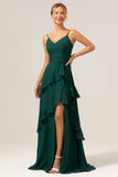 Dark Green A-Line Spaghetti Straps Chiffon Long Bridesmaid Dress with Ruffles