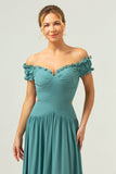 A-Line Off The Shoulder Pleated Chiffon Green Long Bridesmaid Dress