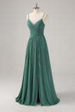 Eucalyptus A-Line Spaghetti Straps Pleated Chiffon Bridesmaid Dress with Slit