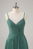 Eucalyptus A-Line Spaghetti Straps Pleated Chiffon Bridesmaid Dress with Slit