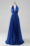 Royal Blue A Line Halter Pleated Long Formal Dress