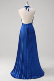 Royal Blue A Line Halter Pleated Long Formal Dress